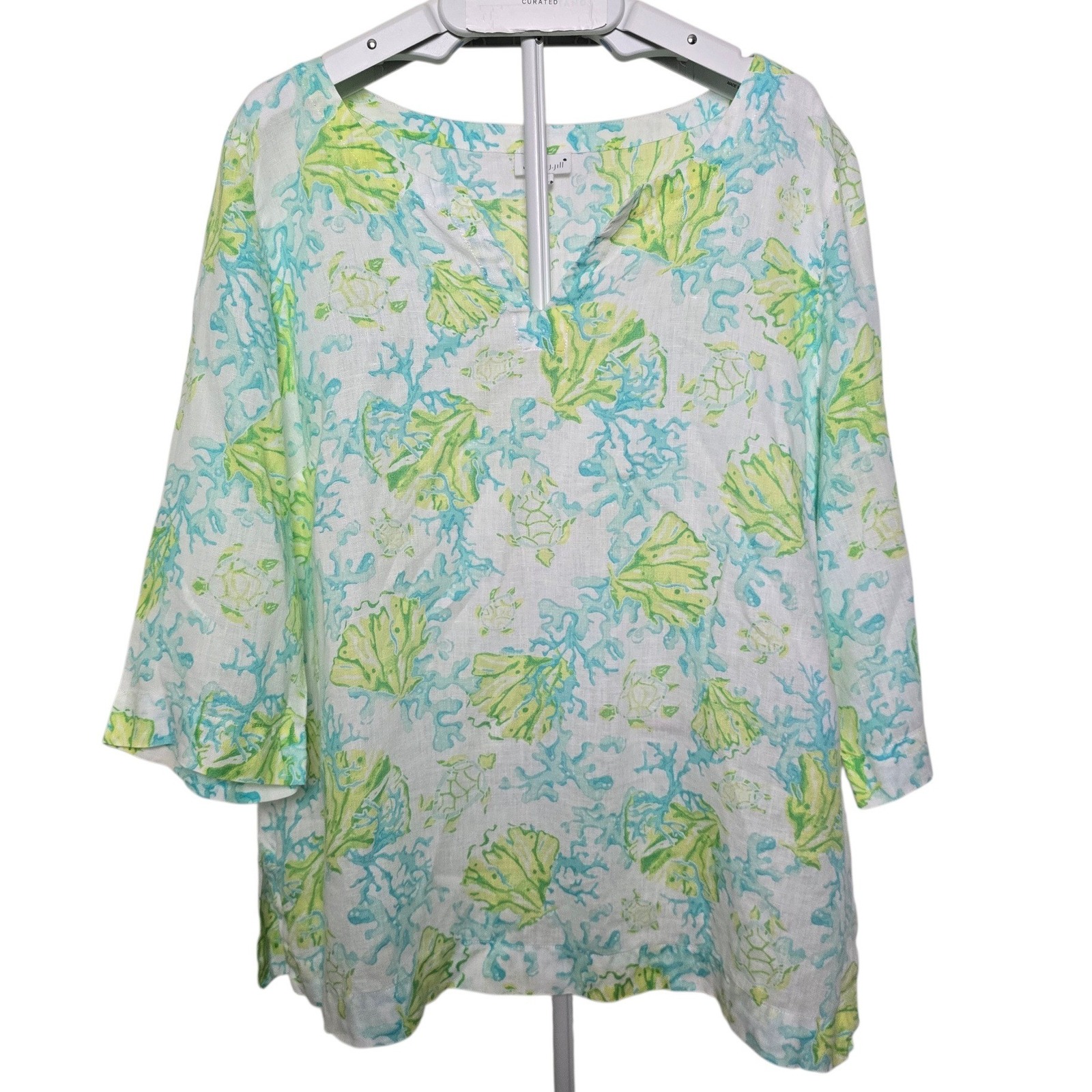 J Jill Love Linen Sea Turtle Print Tunic Xl Coastal Grandma Cottage Resort Euc